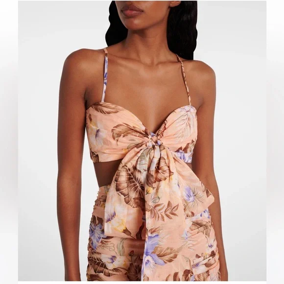 Zimmermann Coco Floral Print Bow Detail Mini Dress Peach Multi Various Size - Picture 4 of 16